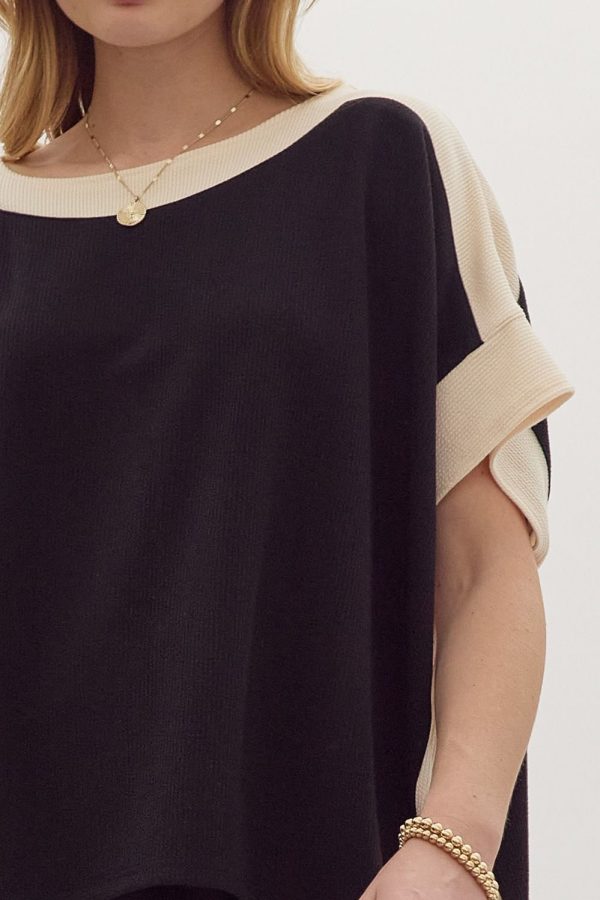 Hazel Blues® |  Solid Ribbed Contrast Trim Boatneck Top in Black Supply
