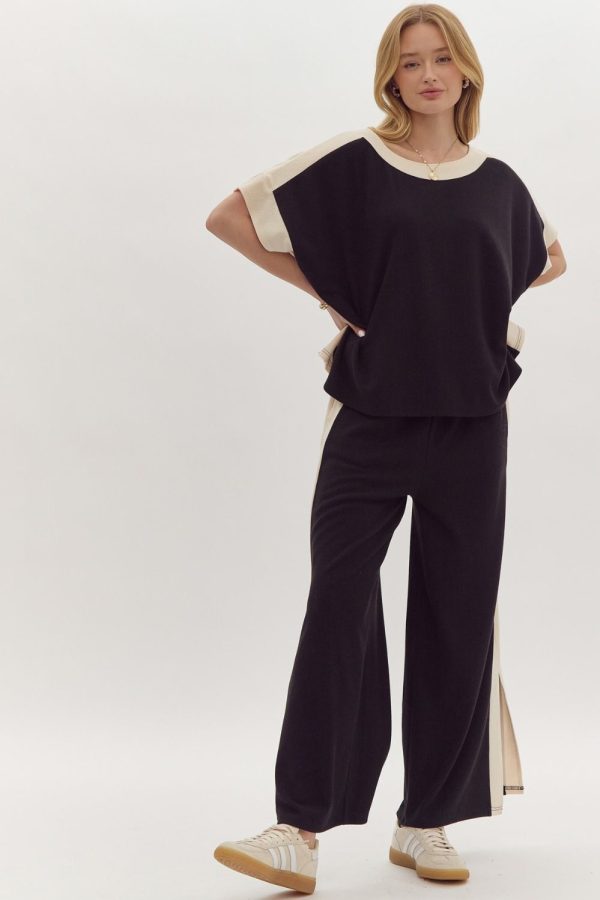 Hazel Blues® |  Solid Ribbed Contrast Trim Boatneck Top in Black Supply - Image 2