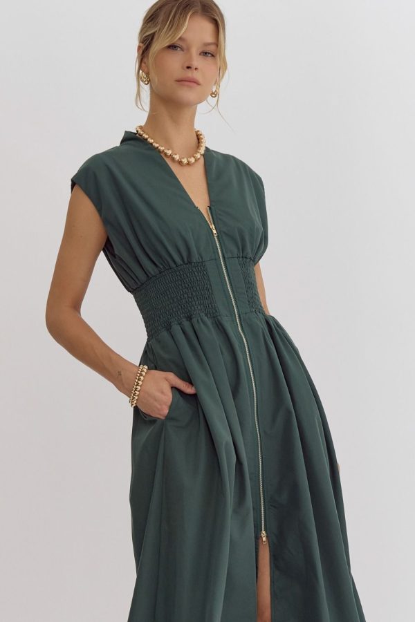 Hazel Blues® |  Solid V-Neck Sleeveless Dual Zipper Midi Dress in Hunter Online - Image 2