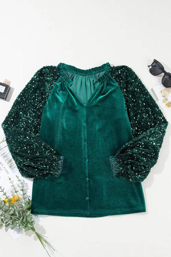 Hazel Blues® |  Sequin Notched Long Sleeve Blouse Hot on Sale - Image 4