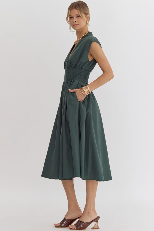 Hazel Blues® |  Solid V-Neck Sleeveless Dual Zipper Midi Dress in Hunter Online - Image 4