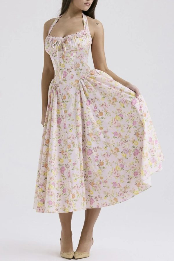 Hazel Blues® |  Lace Detail Floral Halter Neck Midi Dress Supply