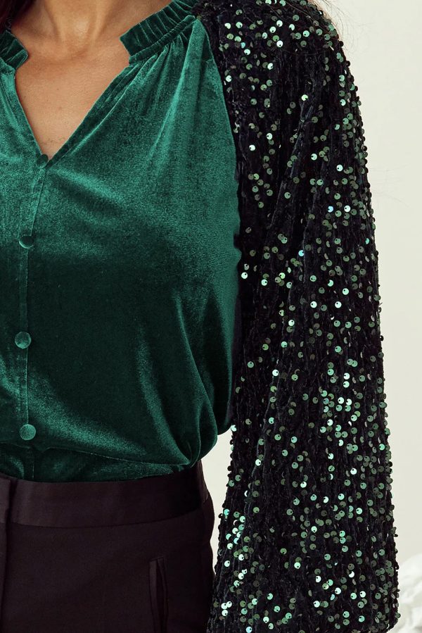 Hazel Blues® |  Sequin Notched Long Sleeve Blouse Hot on Sale - Image 3