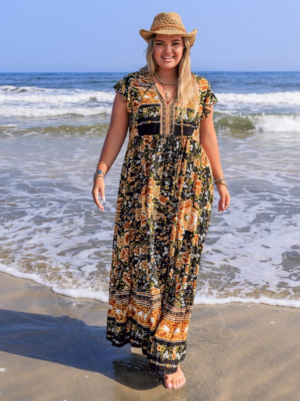 Hazel Blues® | Printed V-Neck Ruffle Cap Sleeve Maxi Dress on Sale - Image 5