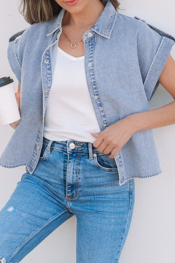 Hazel Blues® |  Snap Down Cap Sleeve Denim Top For Discount - Image 2