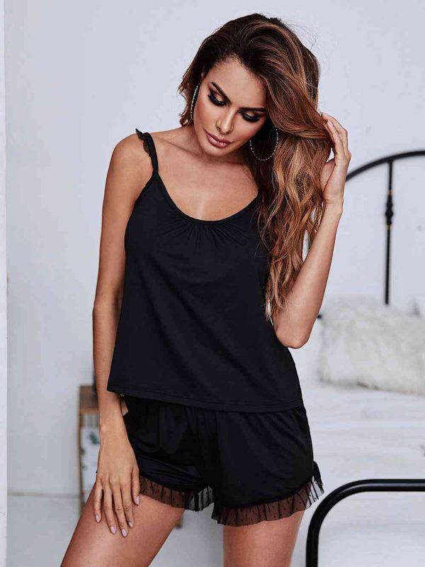 Gathered Detail Spliced Mesh Sleeveless Top and Shorts Lounge Set For Discount - Image 4