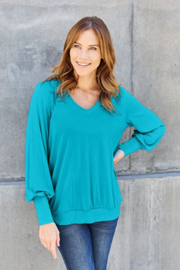 Basic Bae Full Size V-Neck Lantern Sleeve Blouse Discount